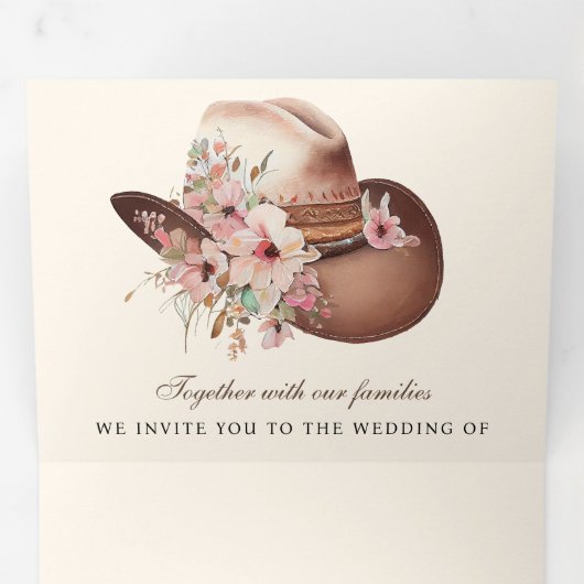 Rustikaler Western Cowboy-Blumenhut QR-Code Hochze Dreifach Gefaltete Einladung (Innen Erste Seite)