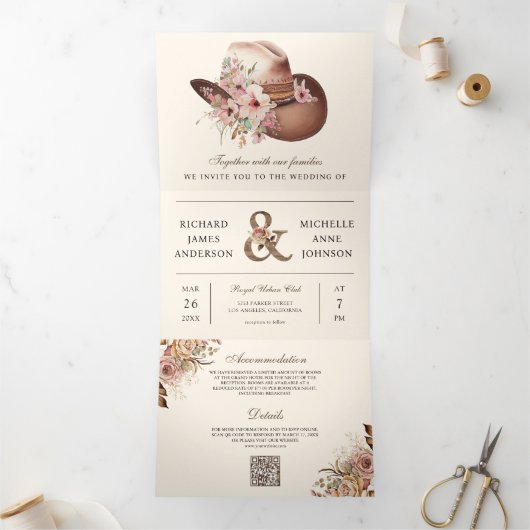 Rustikaler Western Cowboy-Blumenhut QR-Code Hochze Dreifach Gefaltete Einladung (Innenseite)