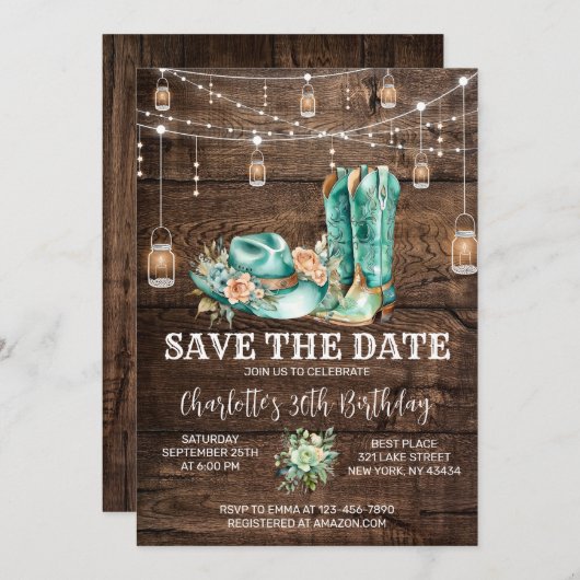 Rustikaler Western Cowgirl Save the Date Geburtsta Einladung (Vorne/Hinten)