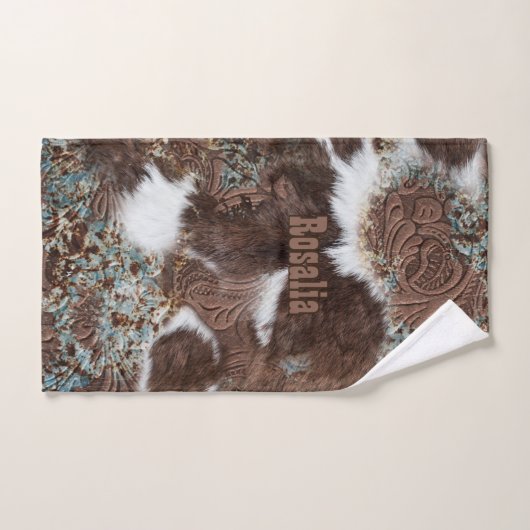 Rustikaler Western Cowhide Brown Leather Name Badhandtuch Set (Handtuch)