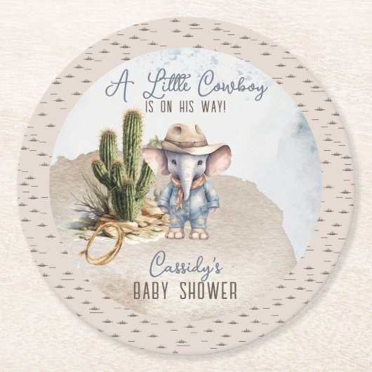 Rustikaler Western Elephant Cowboy Boy Babydusche Runder Pappuntersetzer (Vorderseite)
