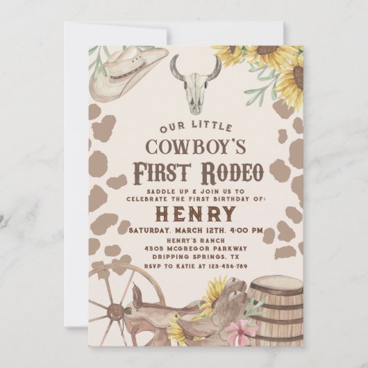 Rustikaler Western First Rodeo Cowboy 1. Geburtsta Einladung (Vorderseite)