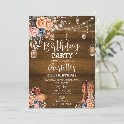 Rustikaler Western Geburtstagsparty Einladung (Stehend Vorderseite)