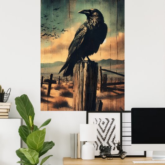 Rustikaler Western Gothic Raven in der Wüste Fried Poster (Heimbüro)