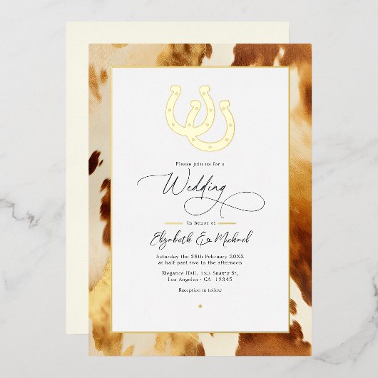 Rustikaler Western Hochzeit Cowhide Folieneinladung (Vorderseite/Rückseite)