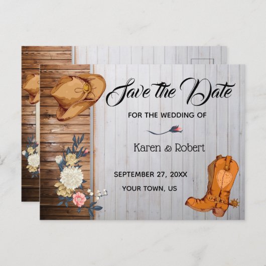Rustikaler Western Hochzeit retten Datum Ankündigungspostkarte (Vorne/Hinten)