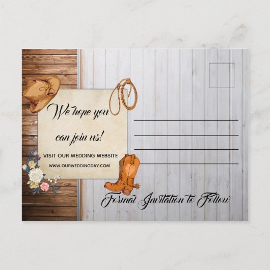 Rustikaler Western Hochzeit retten Datum Ankündigungspostkarte (Rückseite)