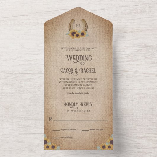 Rustikaler Western Hufeisen & Sonnenblumen Hochzei All In One Einladung (Innen Boden)