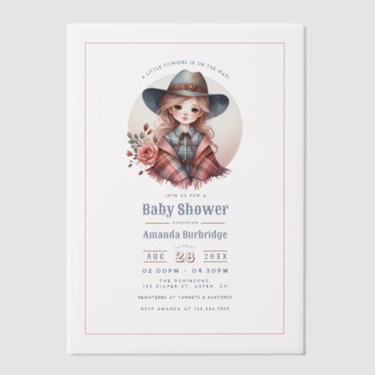 Rustikaler Western Kleine Cowgirl Babydusche Pergament Einladungen (Vorderseite)