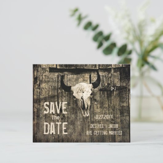 Rustikaler Western Kuh Schädel Save the Date Haush (Stehend Vorderseite)