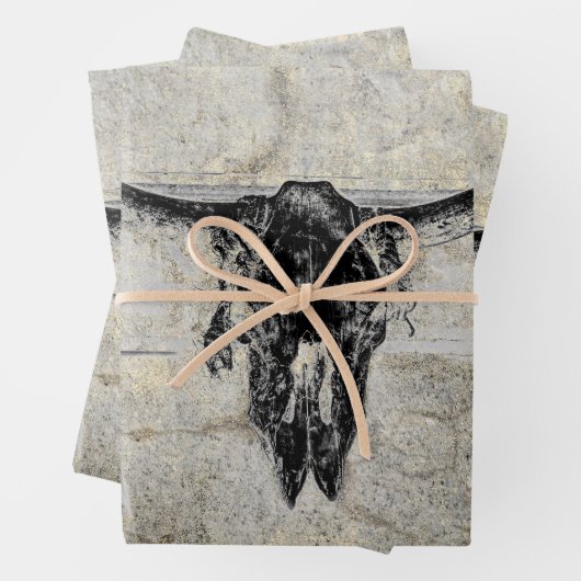 Rustikaler Western Kuh Skull Schwarz Textur Decoup Geschenkpapier Set (Beispiel)