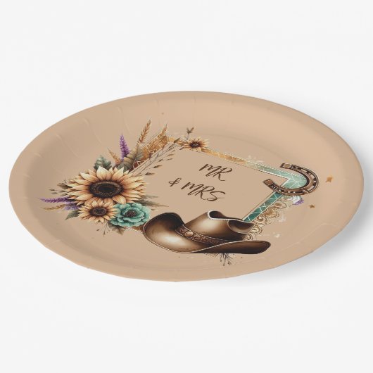 Rustikaler Western Mr. & Mrs. Party Teller (Schrägansicht)