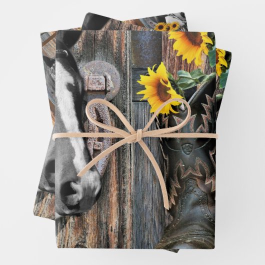Rustikaler Western Pferde Cowboy Stiefel Sonnenblu Geschenkpapier Set (Beispiel)