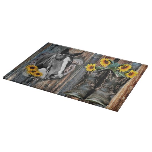 Rustikaler Western Pferde Cowboy Stiefel Sonnenblu Schneidebrett (Ecke)