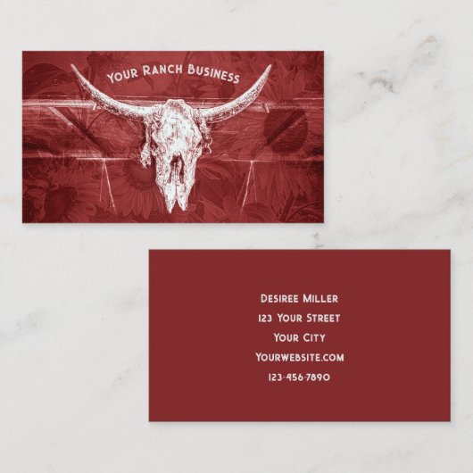 Rustikaler Western Red White Sunflowers Bull Skull Visitenkarte (Vorne/Hinten)