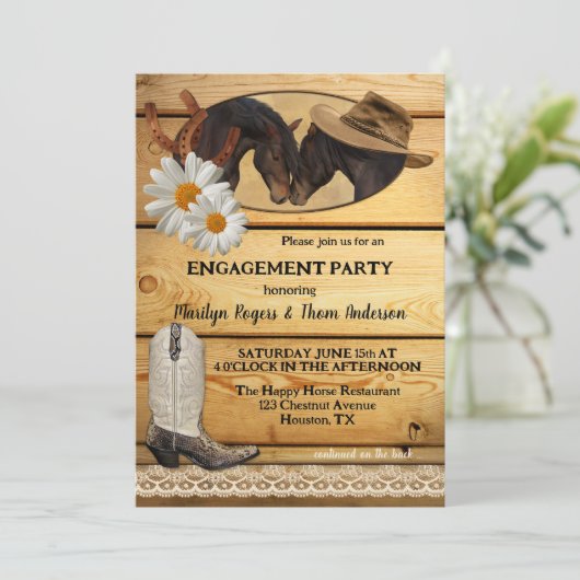 Rustikaler Western Reittiere Verlobung Einladung (Stehend Vorderseite)