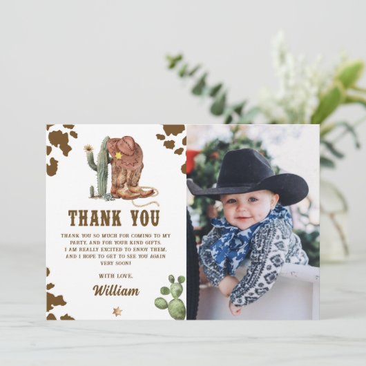 Rustikaler Western Rodeo Cowboy Birthday Foto Dankeskarte (Stehend Vorderseite)