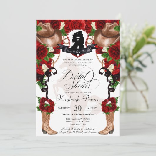 Rustikaler Western Rote Rosen Cowgirl Brautparty Einladung (Stehend Vorderseite)