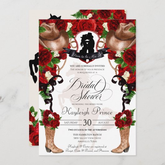 Rustikaler Western Rote Rosen Cowgirl Brautparty Einladung (Vorne/Hinten)