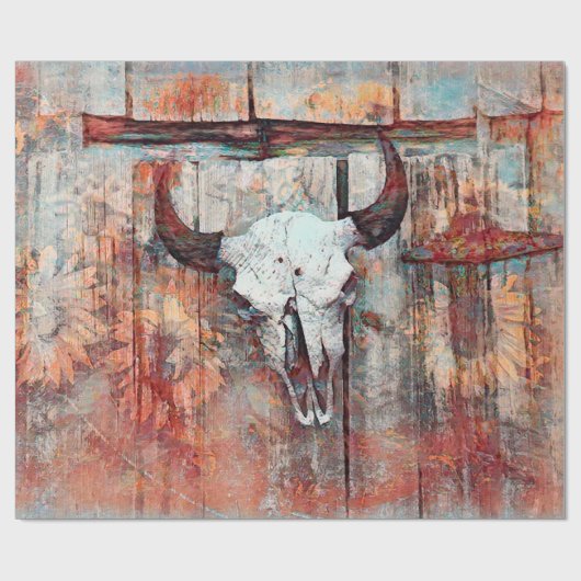 Rustikaler Western Rust Brown Bull Skull Sonnenblu Geschenkpapier (Flach)
