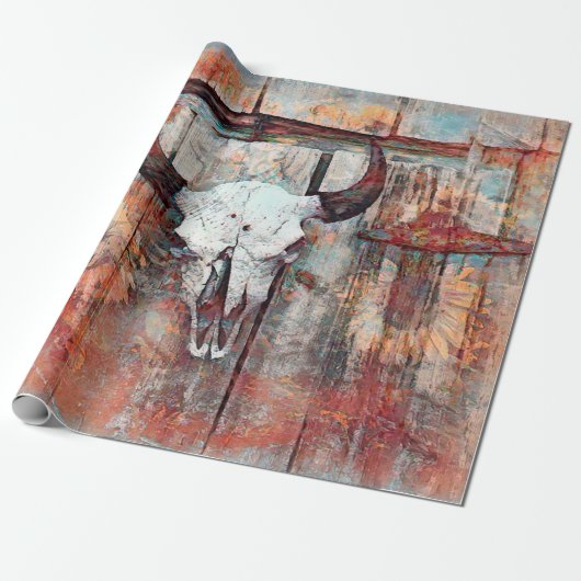 Rustikaler Western Rust Brown Bull Skull Sonnenblu Geschenkpapier (Ungerollt)