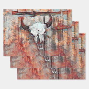 Rustikaler Western Rust Brown Bull Skull Sonnenblu Geschenkpapier Set