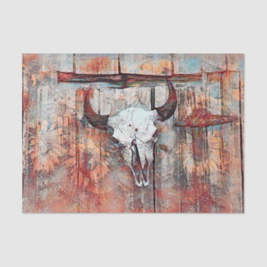 Rustikaler Western Rust Brown Bull Skull Sonnenblu Seidenpapier (Vorderseite)
