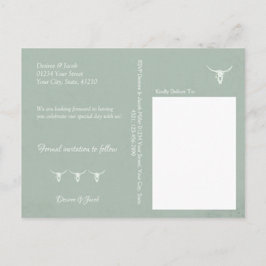 Rustikaler Western Schädeldecke Grün Save the Date Postkarte (Rückseite)