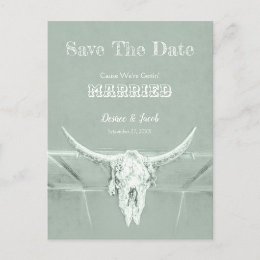 Rustikaler Western Schädeldecke Grün Save the Date Postkarte (Vorderseite)