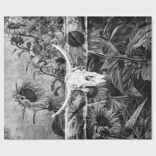 Rustikaler Western Schwarz-Weiß-Blütenschädel Geschenkpapier (Flach)