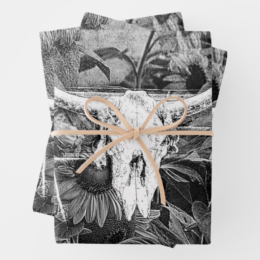 Rustikaler Western Schwarz-Weiß-Blütenschädel Geschenkpapier Set (Beispiel)