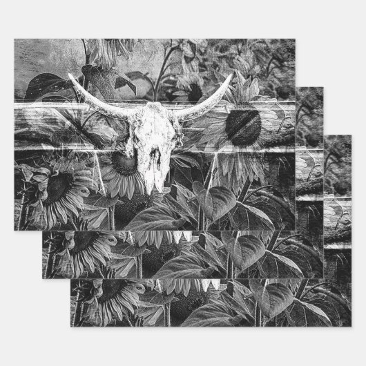 Rustikaler Western Schwarz-Weiß-Blütenschädel Geschenkpapier Set (Set)