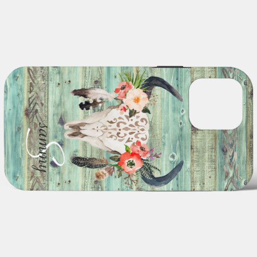 Rustikaler Western Türkisfarben Holzkuh Skull Mono Case-Mate iPhone Hülle (Rückseite (Horizontal))