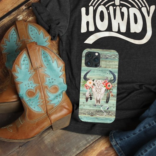 Rustikaler Western Türkisfarben Holzkuh Skull Mono Case-Mate iPhone Hülle