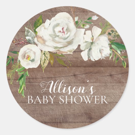 Rustikaler White Floral Baby Dusche Umschlag Aufkl Runder Aufkleber (Vorderseite)