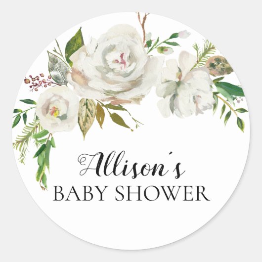 Rustikaler White Floral Baby Dusche Umschlag Aufkl Runder Aufkleber (Vorderseite)