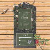 Rustikaler Winter Berries & Pine Black QR Code All In One Einladung