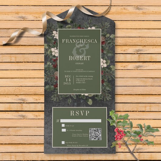 Rustikaler Winter Berries & Pine Black QR Code All In One Einladung