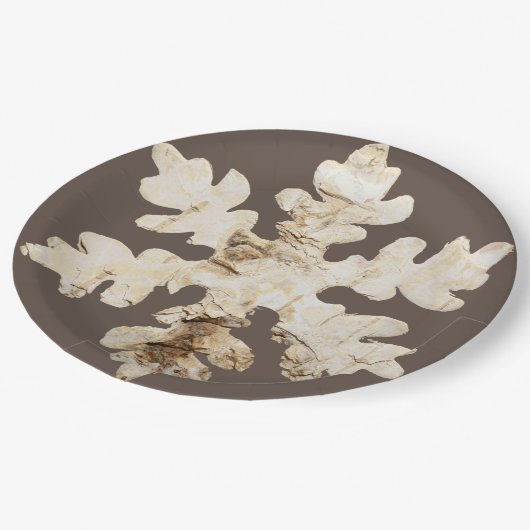 Rustikaler Winter Birchwood Schneeflocke braun wei Pappteller (Schrägansicht)