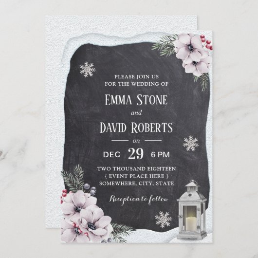 Rustikaler Winter-Blumenlaternen-Tafel-Hochzeit Einladung (Vorne/Hinten)