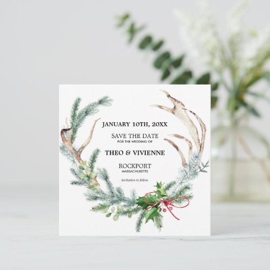 Rustikaler Winter botanisch Save the Date (Stehend Vorderseite)