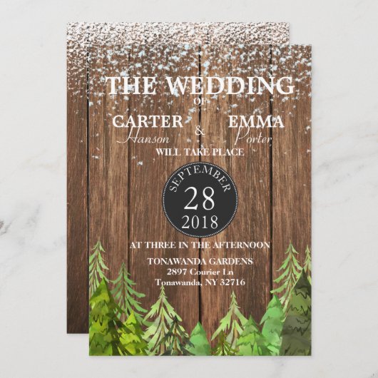 Rustikaler Winter Evergreen Snow Einladung Hochzei (Vorne/Hinten)