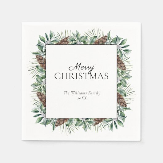 Rustikaler Winter Fir Cone Frohe Weihnachten Serviette (Vorderseite)