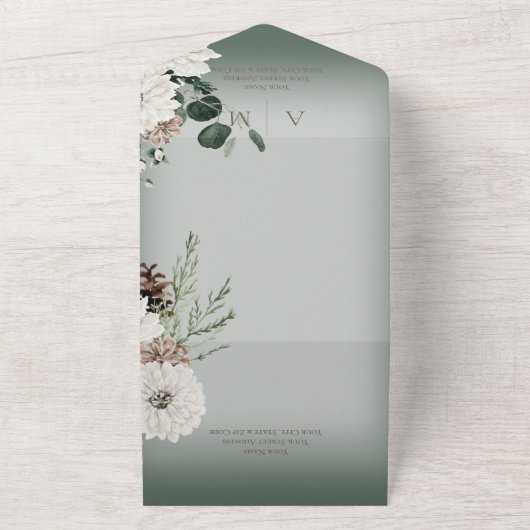 Rustikaler Winter Floral Green Sparkle QR Code All In One Einladung (Außenbereich)