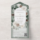 Rustikaler Winter Floral Green Sparkle QR Code All In One Einladung (Innen Boden)