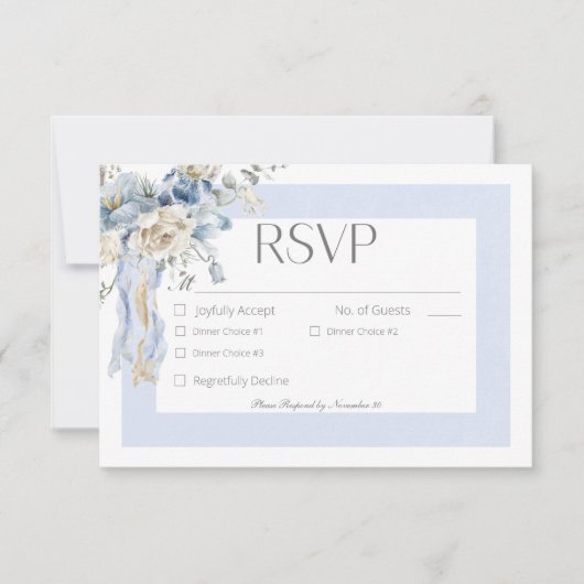 Rustikaler Winter Frosty Blue & White Floral Dinne RSVP Karte (Vorderseite)