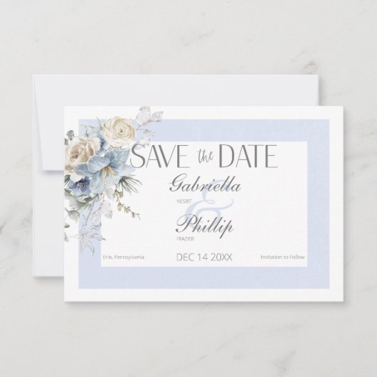 Rustikaler Winter Frosty Blue & White Floral Save The Date (Vorderseite)