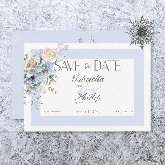 Rustikaler Winter Frosty Blue & White Floral Save The Date