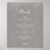 Rustikaler Winter | Gray Wedding Drinks Menu Sign Poster (Vorne)