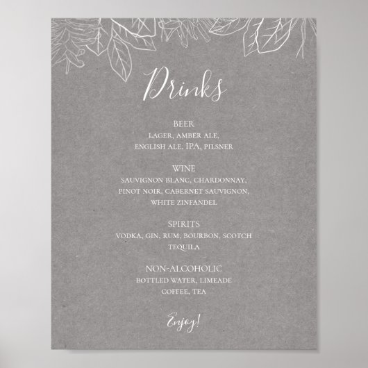 Rustikaler Winter | Gray Wedding Drinks Menu Sign Poster (Vorne)